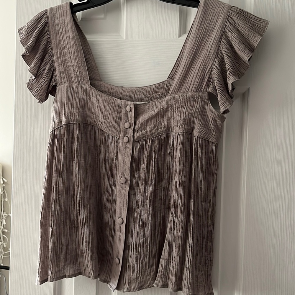 Zara flutter sleeve brown crepe spring top size xs